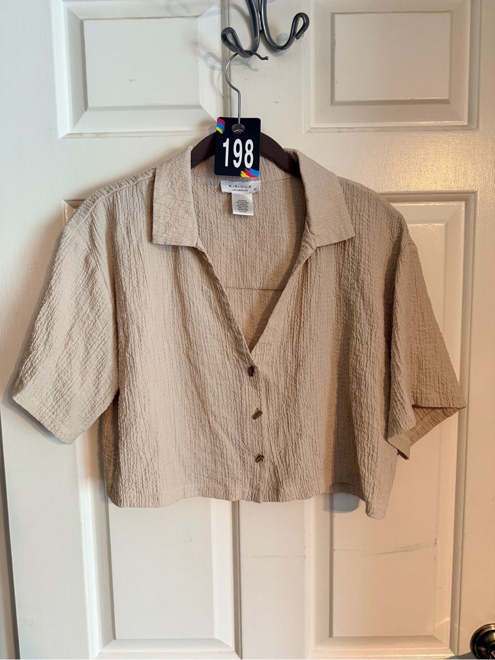 Textured Beige Cropped Button-Down Shirt - Relaxed Fit